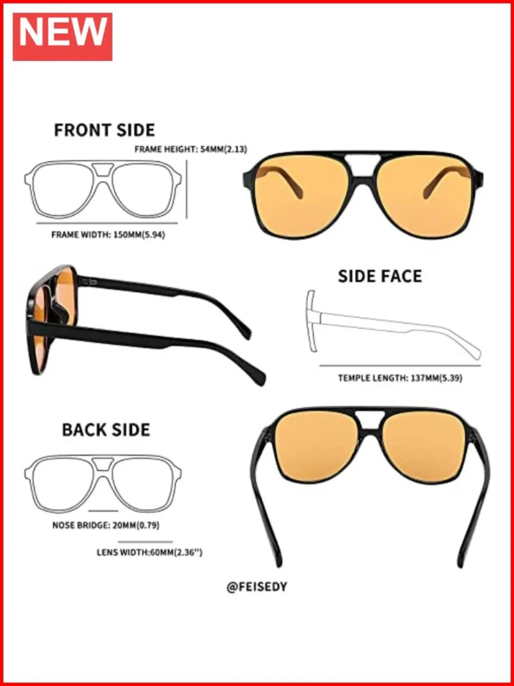 Vintage Retro Aviator Sunglasses Large Square Frame Lightweight UV400 Protection